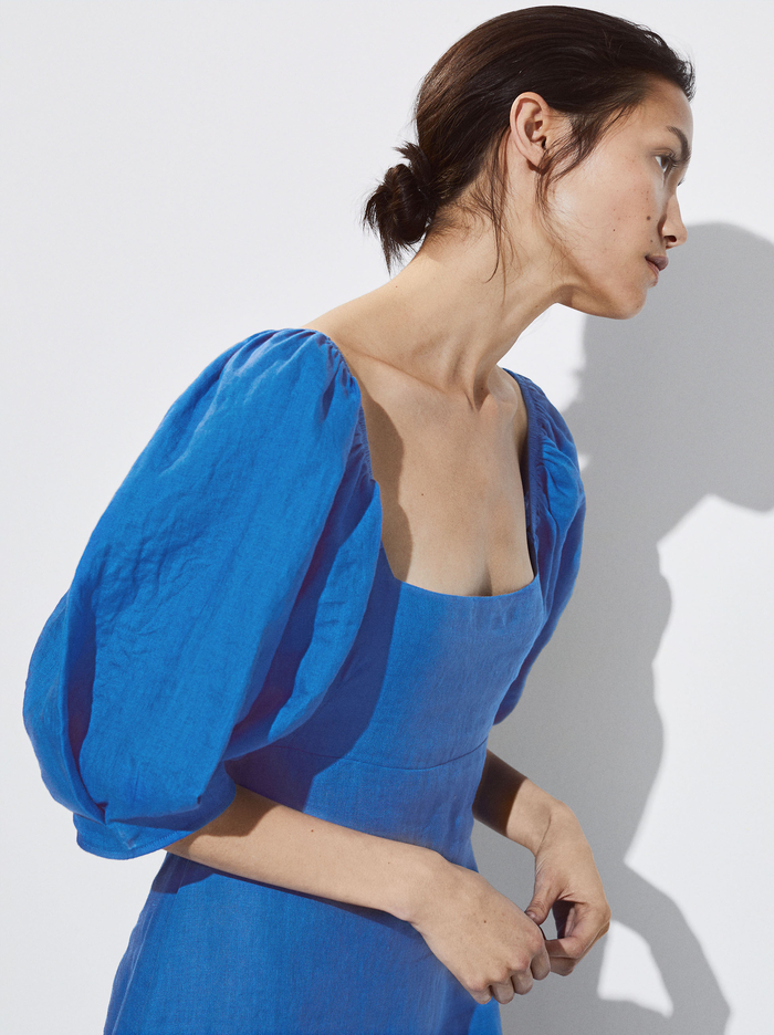 Parfois Puff Sleeve Linen Saty Damske Modre | Slovensko-KFWY15248